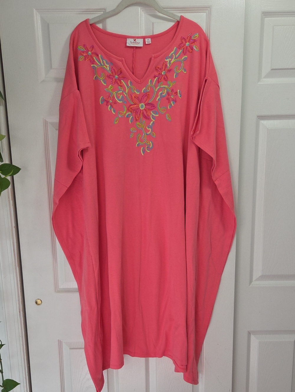 Quacker Factory Bright Coral Embroidered Kaftan